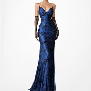 Vintage Y2K Navy Blue Floral Velvet Beaded Mesh Maxi Bodycon Prom Dress Size S/M